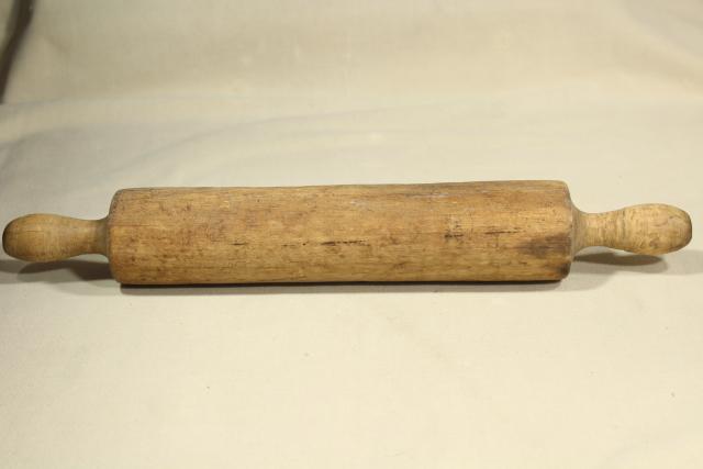 photo of antique wooden rolling pin carved from a single piece of wood, vintage kitchen primitive #7