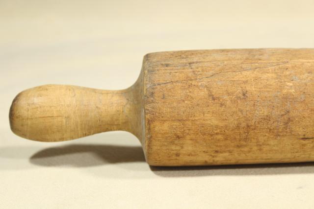 photo of antique wooden rolling pin carved from a single piece of wood, vintage kitchen primitive #9