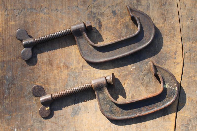 photo of antique woodworking shop tools, vintage iron c - clamps embossed Phoenix Mfg Co #4