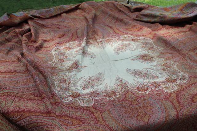 photo of antique wool paisley shawl or table cover, damaged vintage textile fabric to repurpose #1