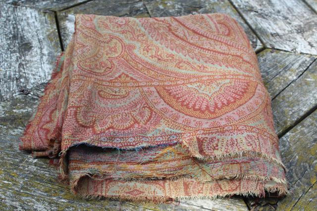 photo of antique wool paisley shawl or table cover, damaged vintage textile fabric to repurpose #2