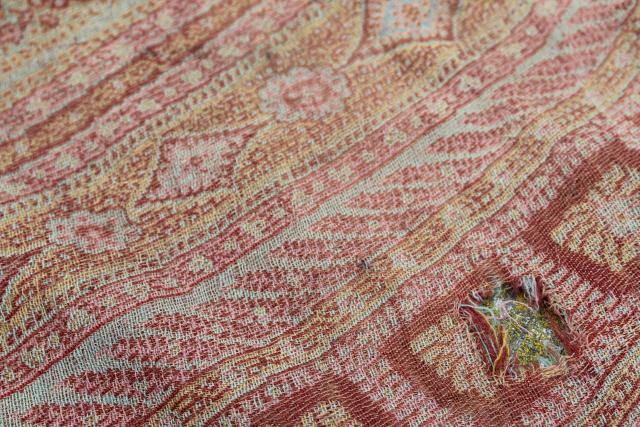 photo of antique wool paisley shawl or table cover, damaged vintage textile fabric to repurpose #7