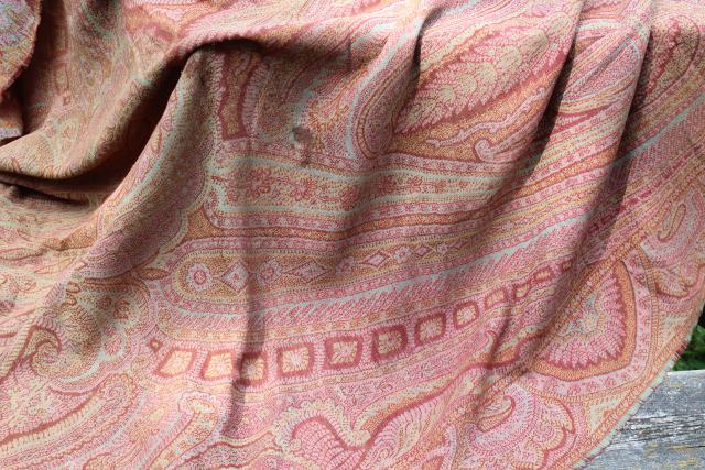 photo of antique wool paisley shawl or table cover, damaged vintage textile fabric to repurpose #8