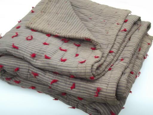 photo of antique work shirt striped cotton fabric quilt comforter tied in red wool #1