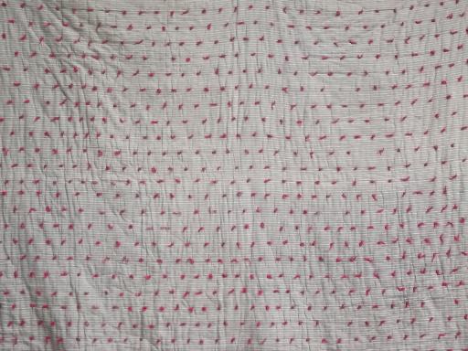 photo of antique work shirt striped cotton fabric quilt comforter tied in red wool #2