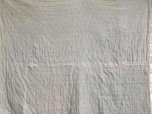 photo of antique work shirt striped cotton fabric quilt comforter tied in red wool #3