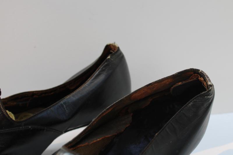 photo of antique worn black leather ladies shoes, flapper vintage 1920s witch lady pumps #2