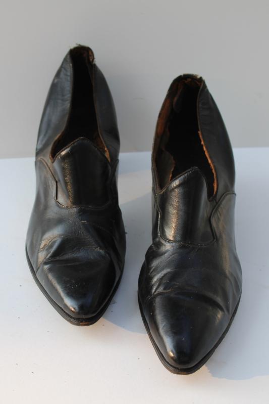 photo of antique worn black leather ladies shoes, flapper vintage 1920s witch lady pumps #4