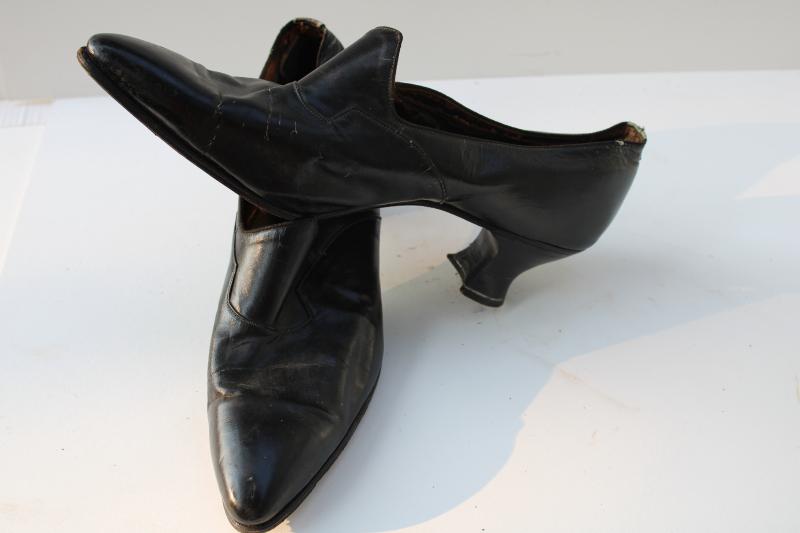 photo of antique worn black leather ladies shoes, flapper vintage 1920s witch lady pumps #6