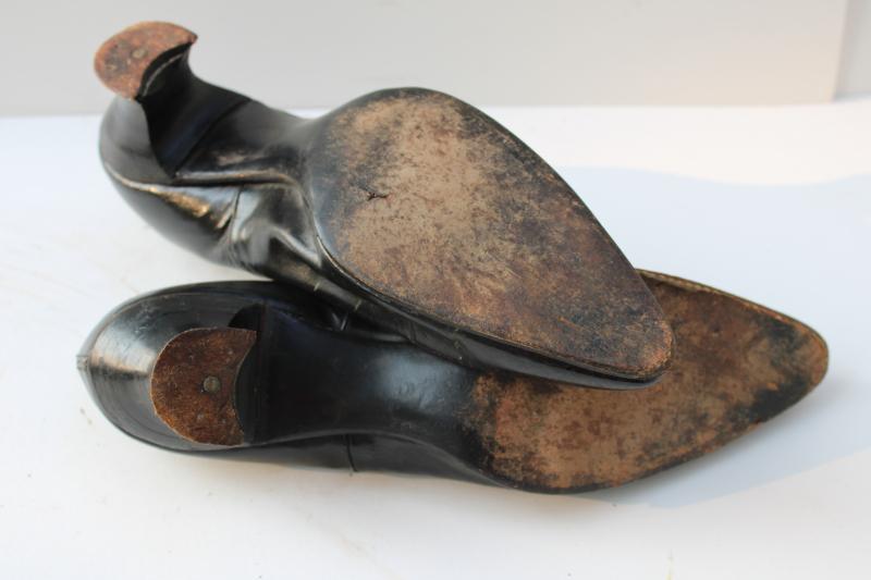 photo of antique worn black leather ladies shoes, flapper vintage 1920s witch lady pumps #7