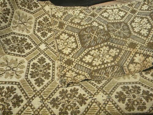 photo of antique woven wool coverlet fabric, vintage pieced cloth parlor carpet rug #3