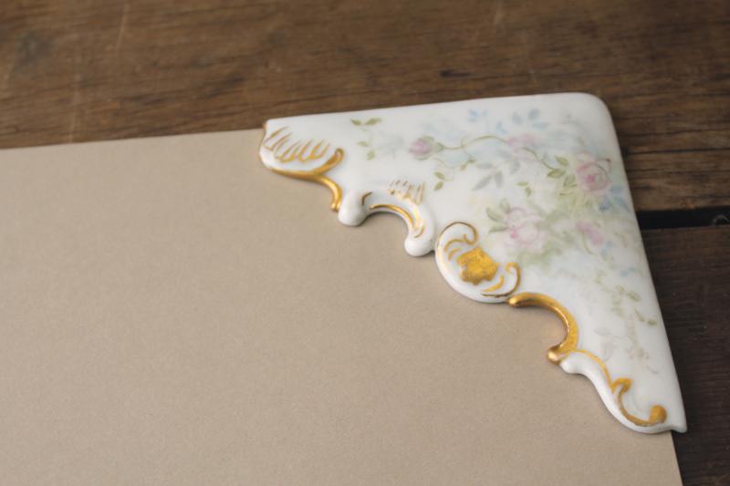 photo of antique writing desk blotter corners, early 1900s vintage Austria hand painted china #5