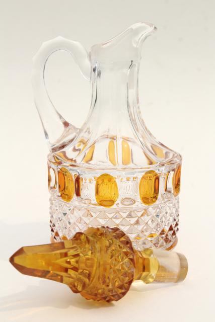 photo of antique yellow stain glass cruet, EAPG vintage bottle & stopper, thumbprint pattern #4