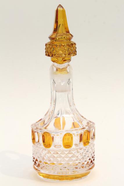 photo of antique yellow stain glass cruet, EAPG vintage bottle & stopper, thumbprint pattern #5