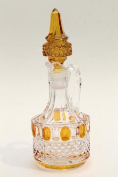 catalog photo of antique yellow stain glass cruet, EAPG vintage bottle & stopper, thumbprint pattern