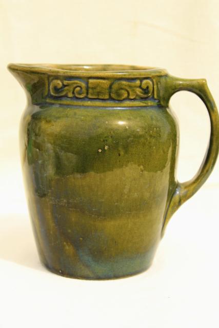 photo of antique yellow ware milk pitcher, green glazed pottery jug early 1900s vintage #2
