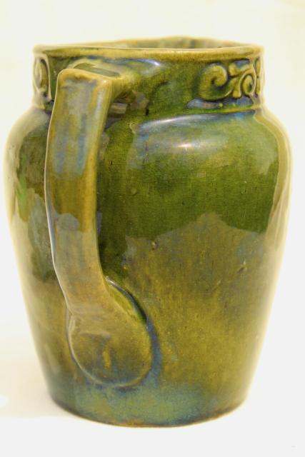 photo of antique yellow ware milk pitcher, green glazed pottery jug early 1900s vintage #3