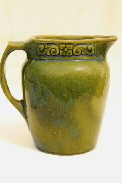 photo of antique yellow ware milk pitcher, green glazed pottery jug early 1900s vintage #4