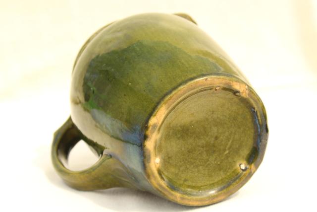 photo of antique yellow ware milk pitcher, green glazed pottery jug early 1900s vintage #7