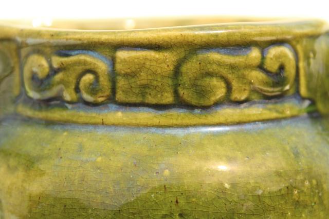 photo of antique yellow ware milk pitcher, green glazed pottery jug early 1900s vintage #8
