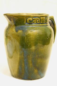 catalog photo of antique yellow ware milk pitcher, green glazed pottery jug early 1900s vintage