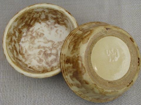 photo of antique yellow ware pottery bowls, vintage spongeware brown sponge #3