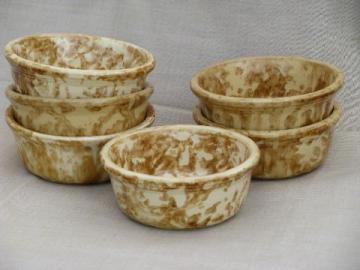 catalog photo of antique yellow ware pottery bowls, vintage spongeware brown sponge