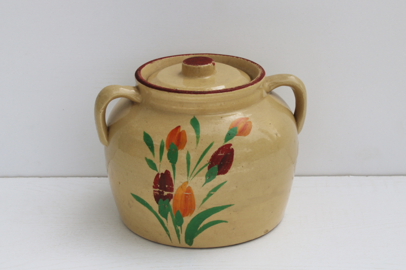 photo of antique yellow ware stoneware crock, 1930s vintage cookie jar USA pottery hand painted flowers #1