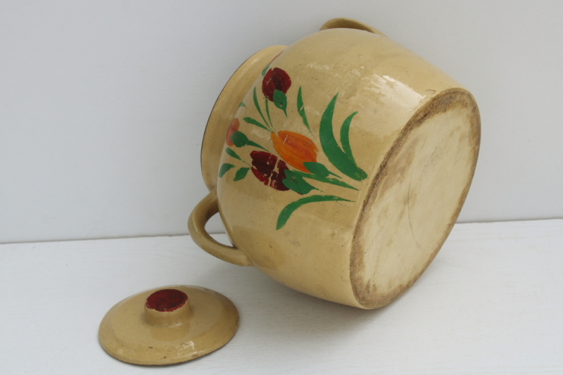 photo of antique yellow ware stoneware crock, 1930s vintage cookie jar USA pottery hand painted flowers #3