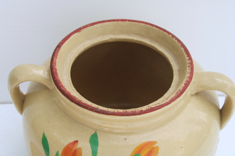 photo of antique yellow ware stoneware crock, 1930s vintage cookie jar USA pottery hand painted flowers #4