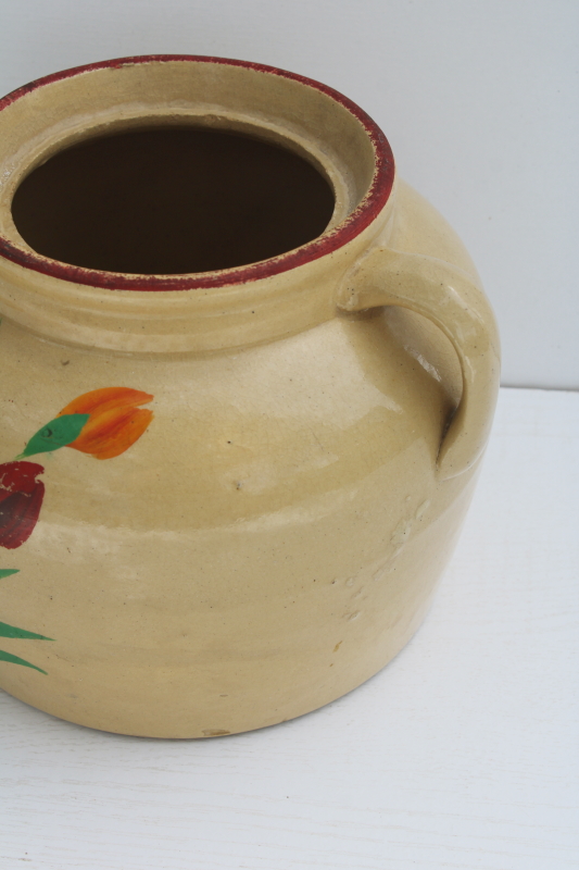 photo of antique yellow ware stoneware crock, 1930s vintage cookie jar USA pottery hand painted flowers #9
