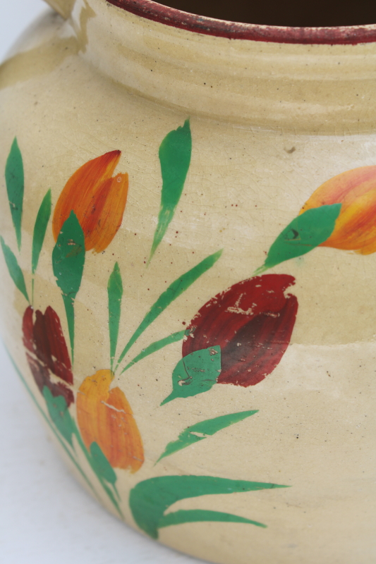 photo of antique yellow ware stoneware crock, 1930s vintage cookie jar USA pottery hand painted flowers #10