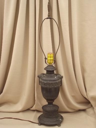 photo of antique zinc metal table lamp w/ old black paint, early electric vintage #1