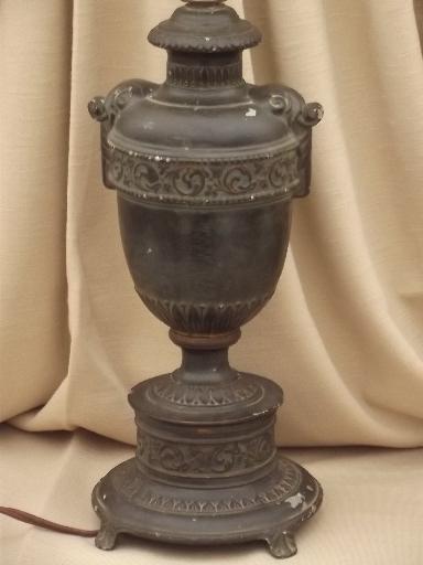 photo of antique zinc metal table lamp w/ old black paint, early electric vintage #2