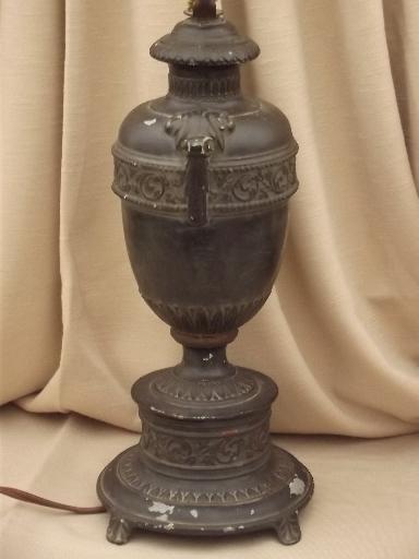 photo of antique zinc metal table lamp w/ old black paint, early electric vintage #3