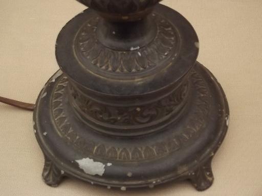 photo of antique zinc metal table lamp w/ old black paint, early electric vintage #4