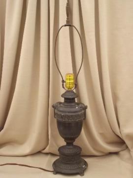 catalog photo of antique zinc metal table lamp w/ old black paint, early electric vintage