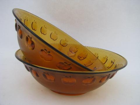 photo of apple border amber glass salad bowl lot, newer bowls made in Indonesia #1