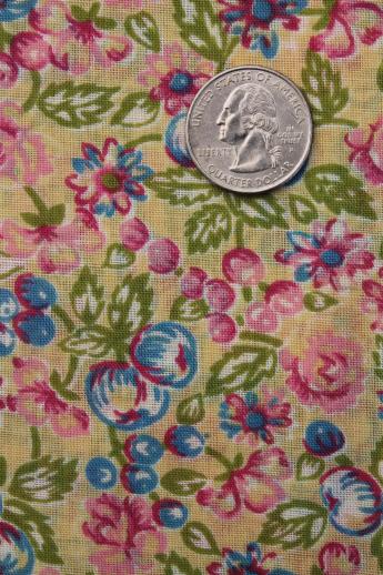 photo of apple print cotton quilting fabric, pink apples & blue flowers on gold #2