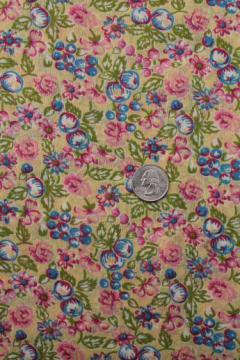 catalog photo of apple print cotton quilting fabric, pink apples & blue flowers on gold