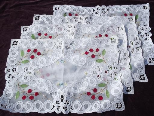 photo of applique embroidery cherries sheer white placemats w/ battenburg tape lace #1