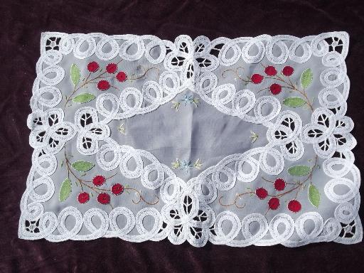 photo of applique embroidery cherries sheer white placemats w/ battenburg tape lace #2