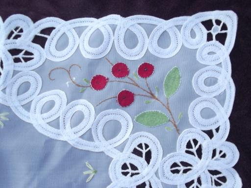 photo of applique embroidery cherries sheer white placemats w/ battenburg tape lace #3