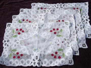 catalog photo of applique embroidery cherries sheer white placemats w/ battenburg tape lace