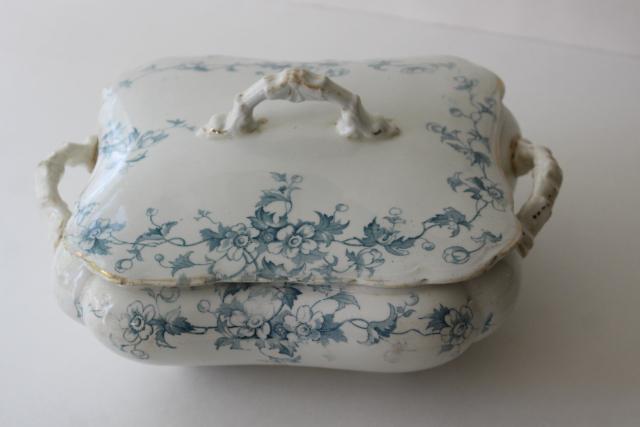 photo of aqua blue Anemone pattern antique English transferware china covered bowl or tureen #1