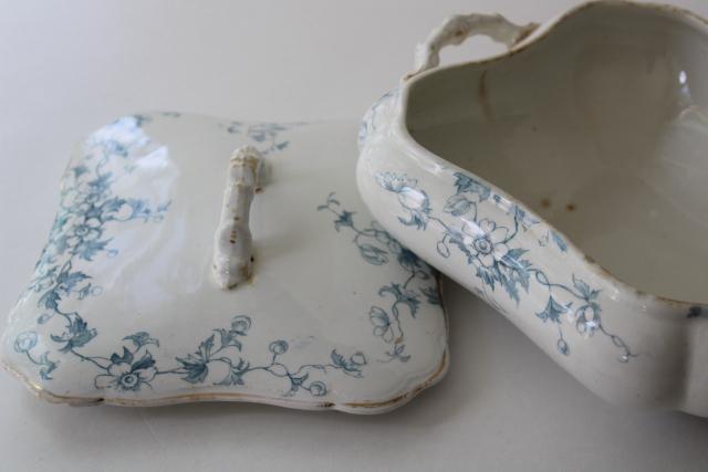 photo of aqua blue Anemone pattern antique English transferware china covered bowl or tureen #2