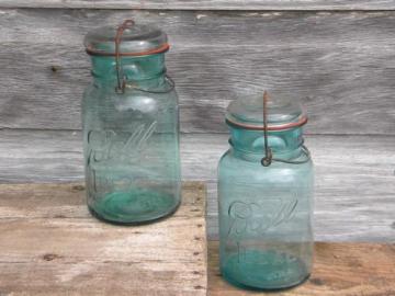 catalog photo of aqua blue Ball Ideal 1 qt storage jars or canisters w/1908 patent