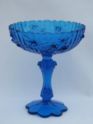 photo of aqua blue compote bowl, vintage Fenton Colonial Rose pattern candy dish #1