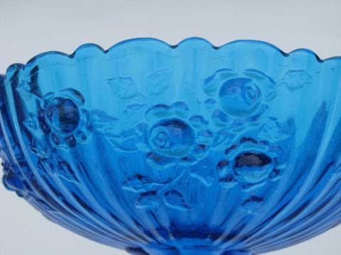 photo of aqua blue compote bowl, vintage Fenton Colonial Rose pattern candy dish #2