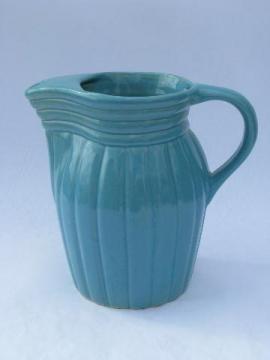 catalog photo of aqua blue country stoneware milk pitcher, Robinson-Ransbottom pottery, Roseville O